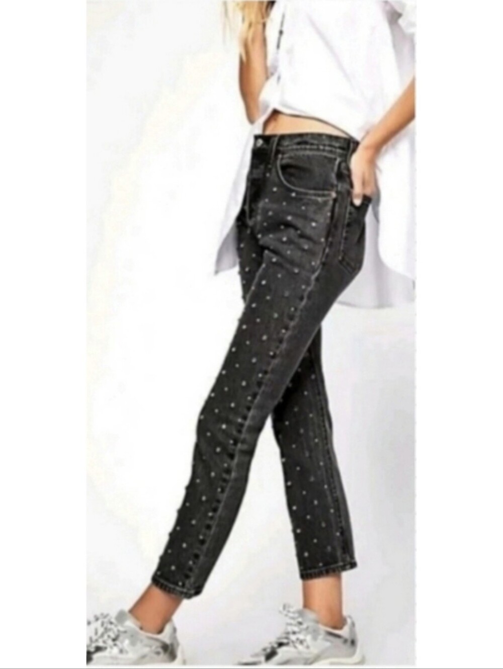 Levi's 501 Gray Studded Premium Denim Cropped Leg Jean Straight Leg Grunge Sz 25